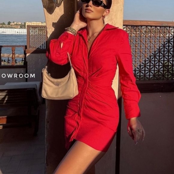 NEW ZARA LINEN BUTTON DOWN SHIRT DRESS WITH RUCHING RED LONG SLEEVE SIZE XL - Picture 1 of 5